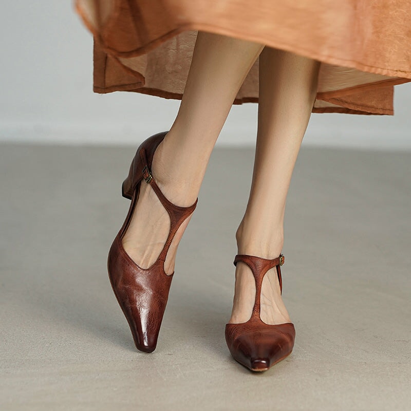 Women's 50mm Block Heel Horse Leather T-strap Mary Jane Shoes For Summer in Brown/Black