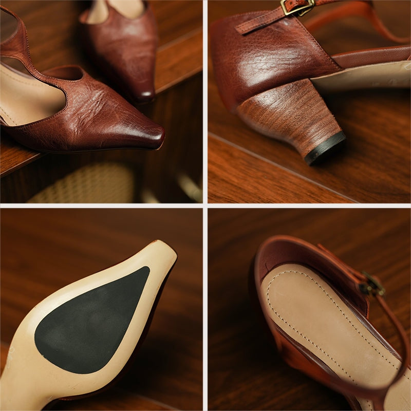 Women's 50mm Block Heel Horse Leather T-strap Mary Jane Shoes For Summer in Brown/Black