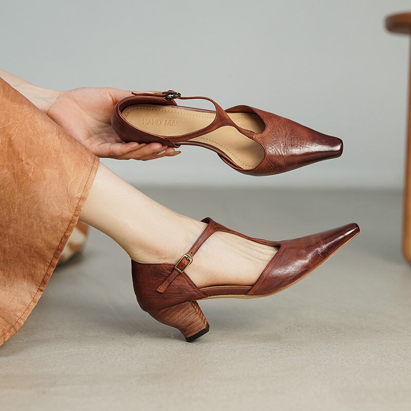 Women's 50mm Block Heel Horse Leather T-strap Mary Jane Shoes For Summer in Brown/Black