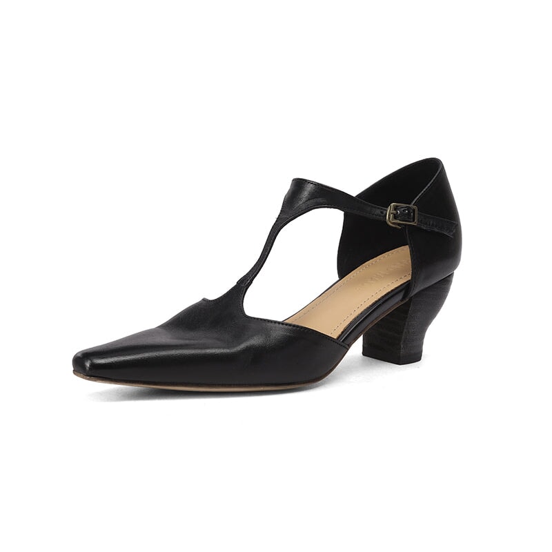 Women's 50mm Block Heel Horse Leather T-strap Mary Jane Shoes For Summer in Brown/Black