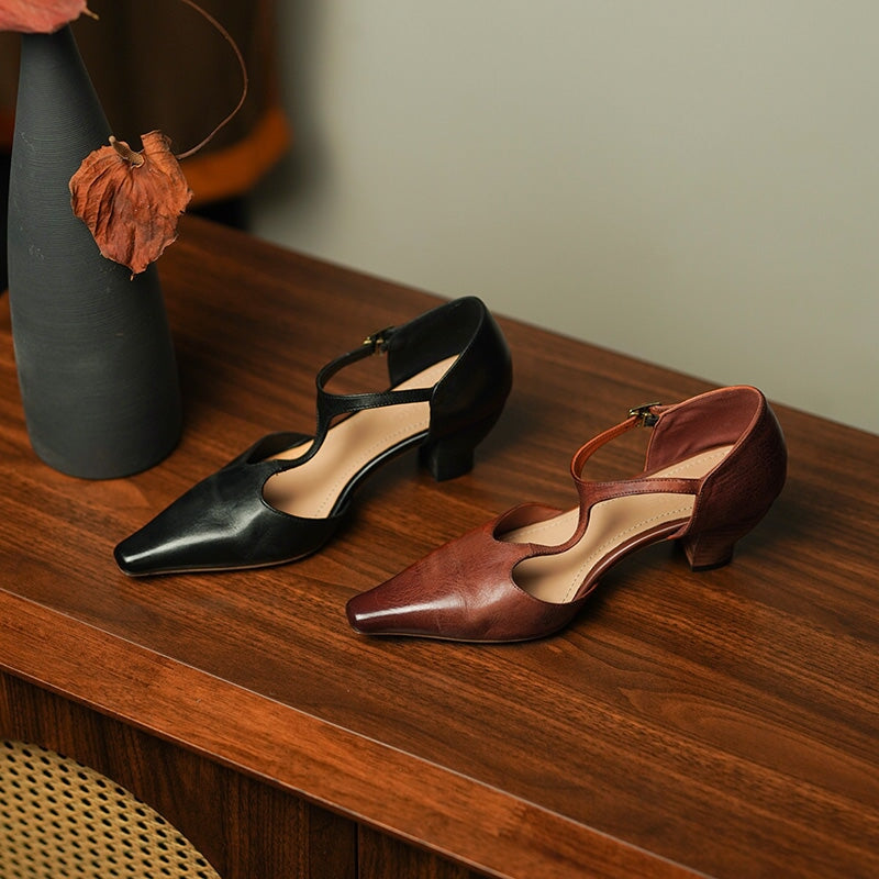 Women's 50mm Block Heel Horse Leather T-strap Mary Jane Shoes For Summer in Brown/Black