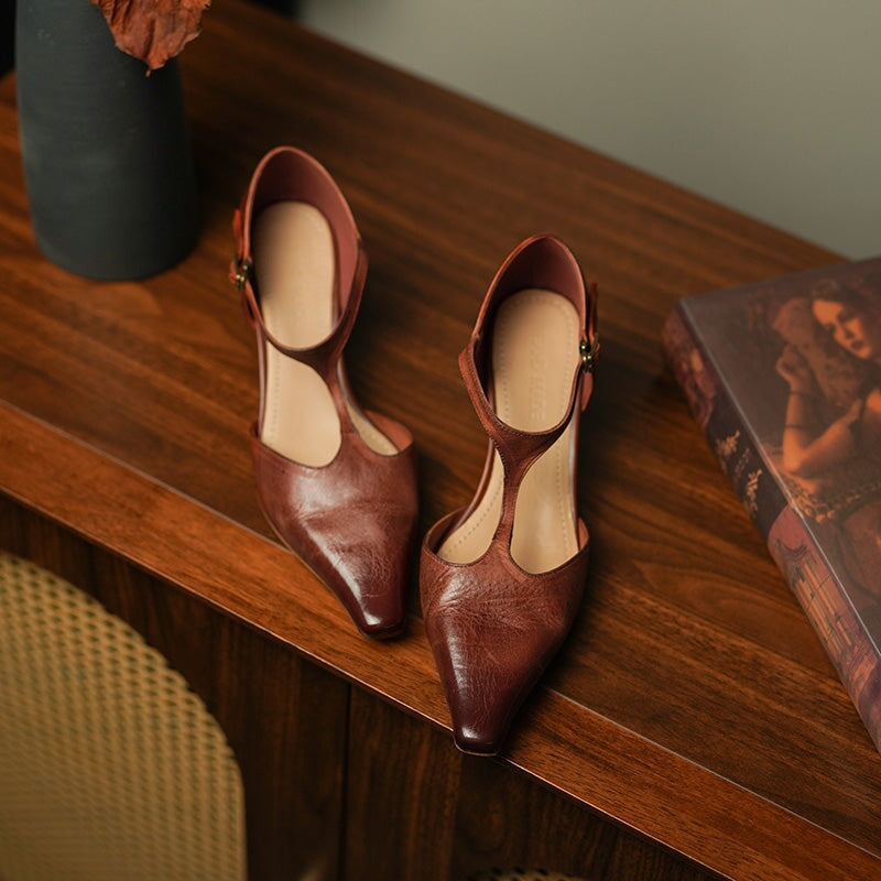 Women's 50mm Block Heel Horse Leather T-strap Mary Jane Shoes For Summer in Brown/Black
