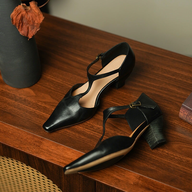Women's 50mm Block Heel Horse Leather T-strap Mary Jane Shoes For Summer in Brown/Black