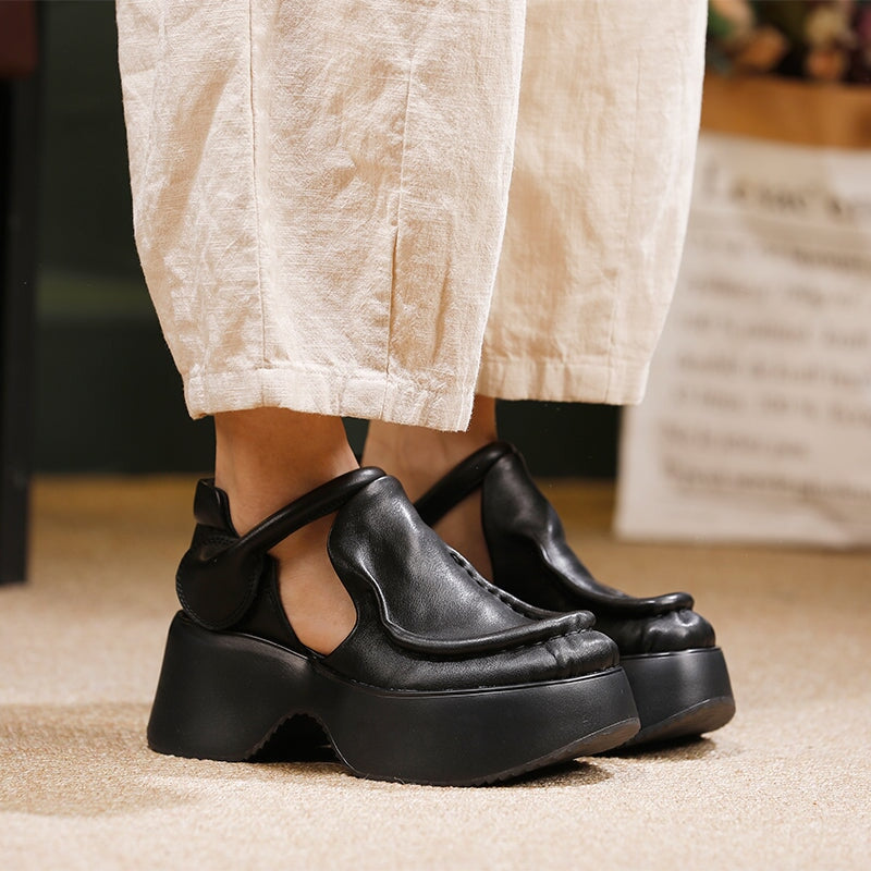 Women's 70mm Retro Leather Chunky Platform Mary Jane Shoes with Velcro in Black/Brown