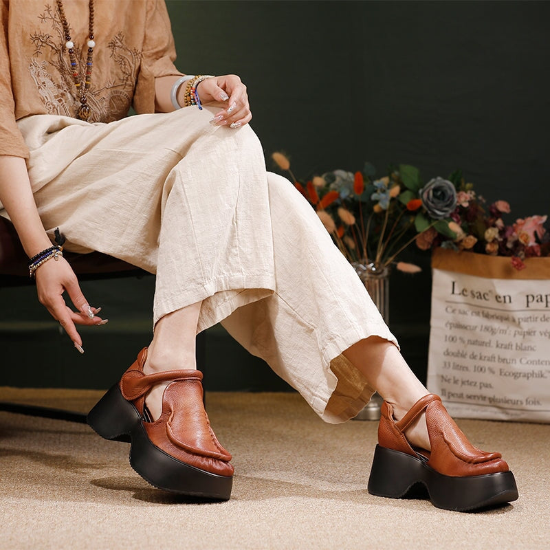 Women's 70mm Retro Leather Chunky Platform Mary Jane Shoes with Velcro in Black/Brown