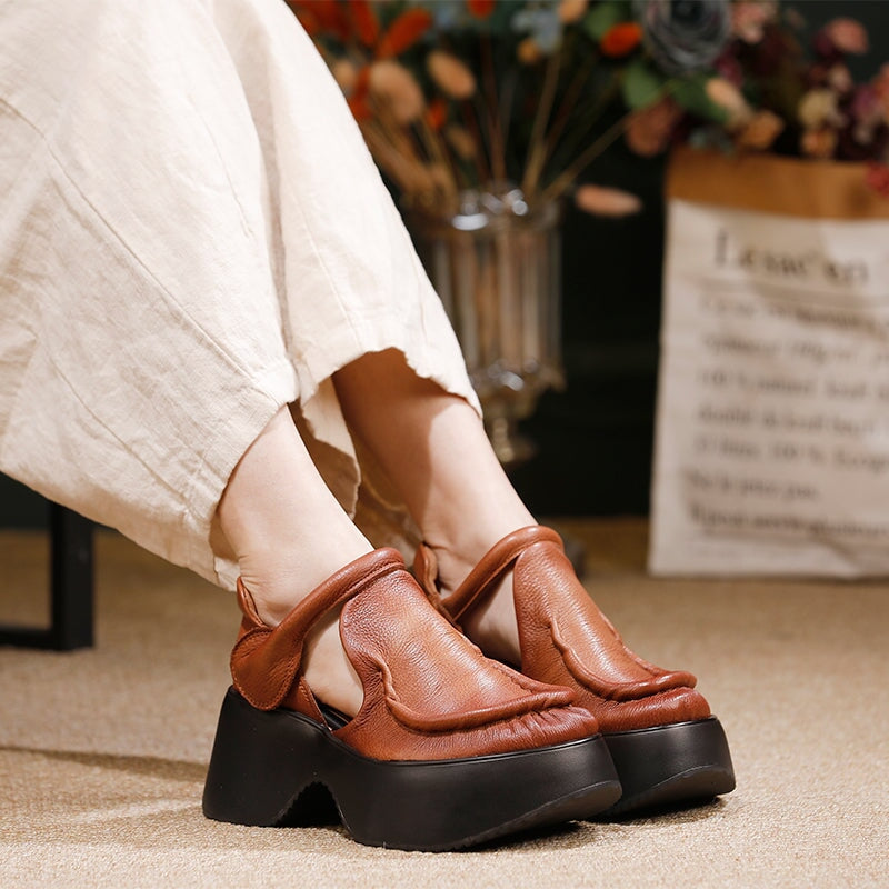 Women's 70mm Retro Leather Chunky Platform Mary Jane Shoes with Velcro in Black/Brown