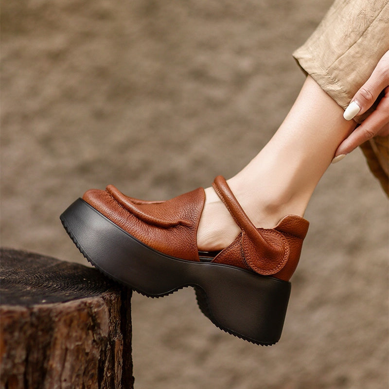 Women's 70mm Retro Leather Chunky Platform Mary Jane Shoes with Velcro in Black/Brown