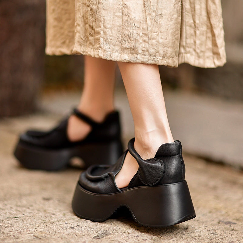 Women's 70mm Retro Leather Chunky Platform Mary Jane Shoes with Velcro in Black/Brown