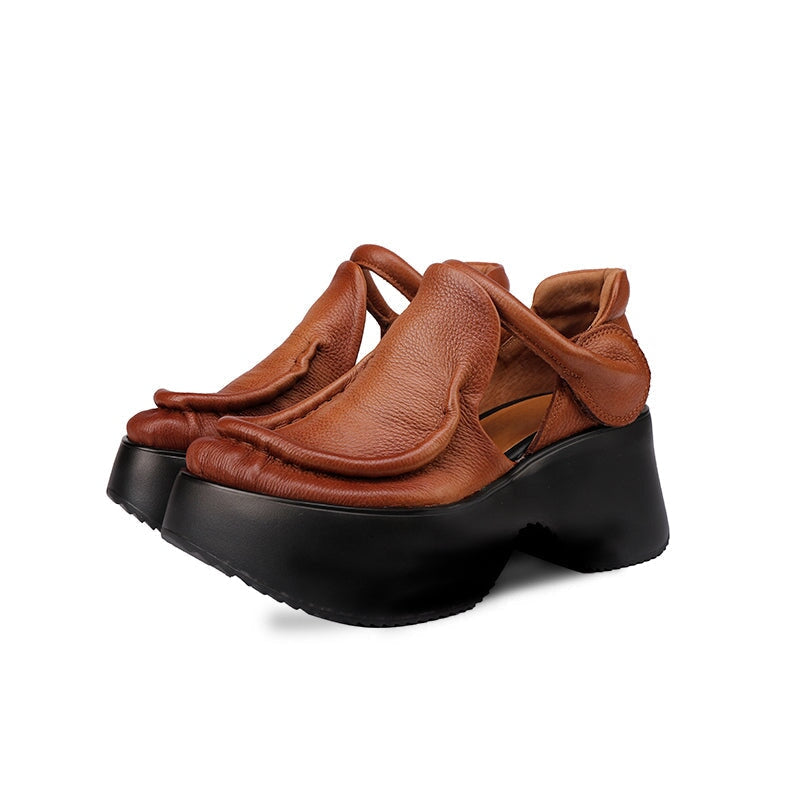 Women's 70mm Retro Leather Chunky Platform Mary Jane Shoes with Velcro in Black/Brown
