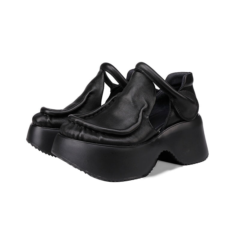 Women's 70mm Retro Leather Chunky Platform Mary Jane Shoes with Velcro in Black/Brown