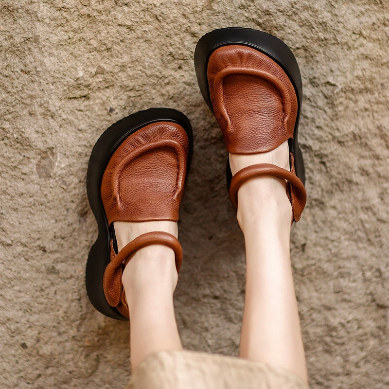 Women's 70mm Retro Leather Chunky Platform Mary Jane Shoes with Velcro in Black/Brown