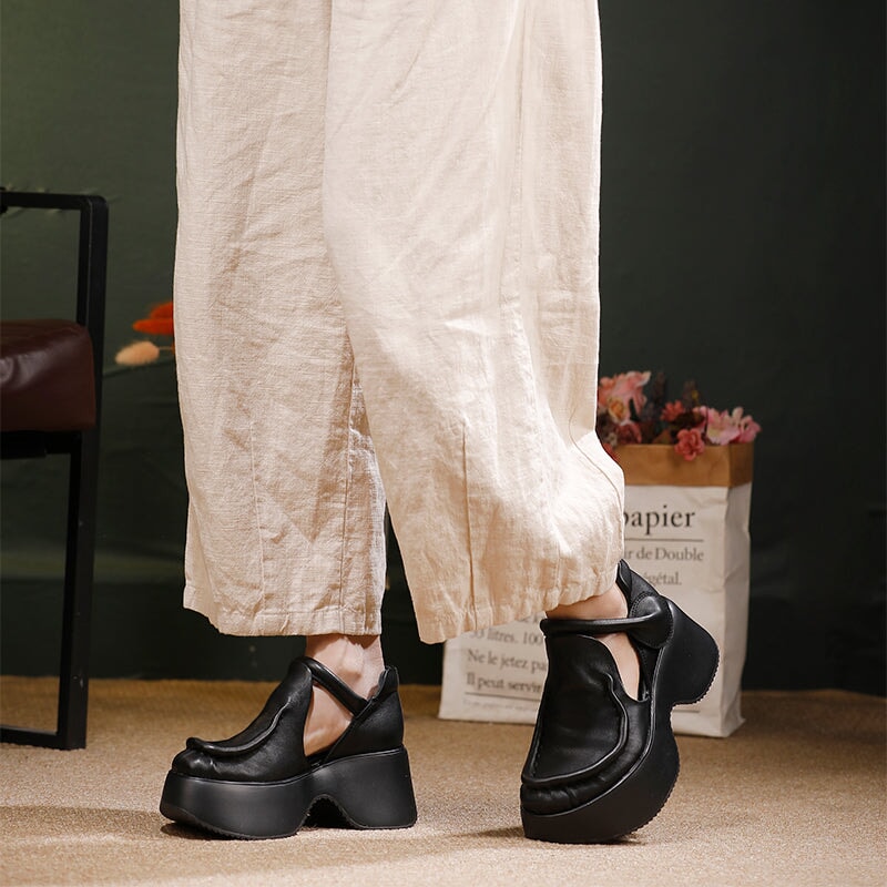 Women's 70mm Retro Leather Chunky Platform Mary Jane Shoes with Velcro in Black/Brown