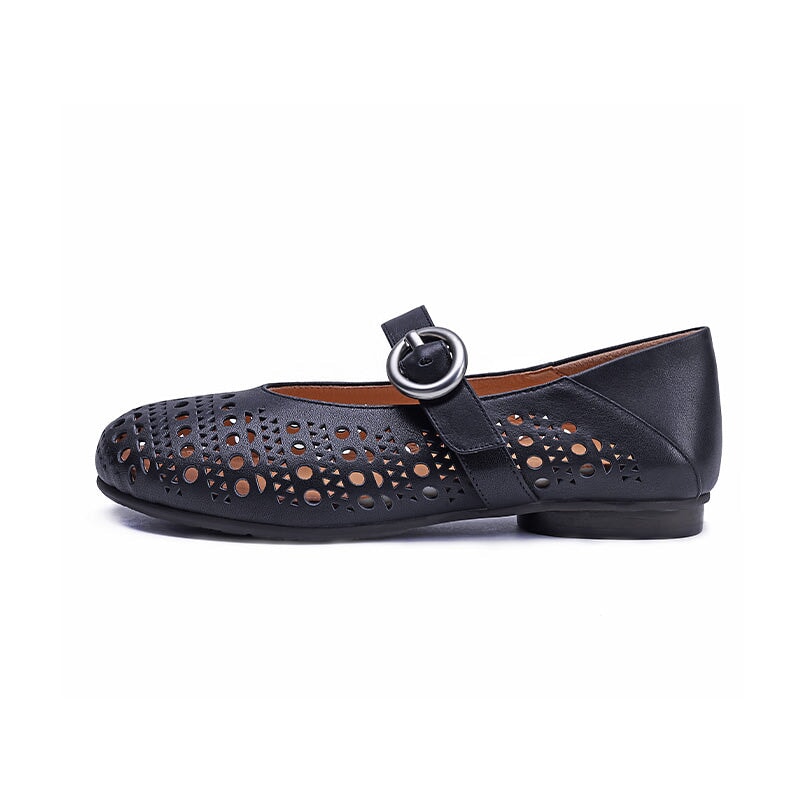 Women's Breathable Cowhide Cut-Out Mary Jane Flats Casual Summer Shoes in White/Black