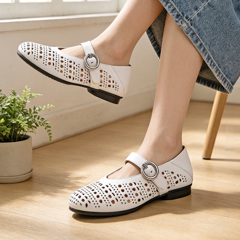 Women's Breathable Cowhide Cut-Out Mary Jane Flats Casual Summer Shoes in White/Black