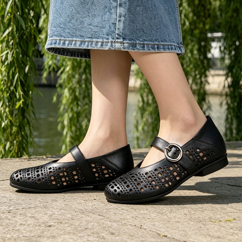 Women's Breathable Cowhide Cut-Out Mary Jane Flats Casual Summer Shoes in White/Black