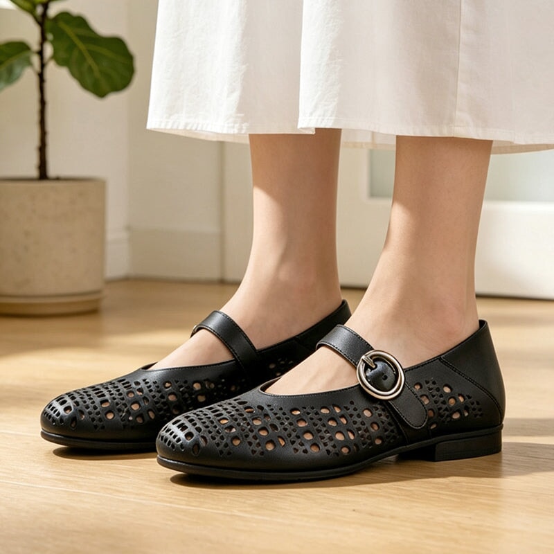 Women's Breathable Cowhide Cut-Out Mary Jane Flats Casual Summer Shoes in White/Black