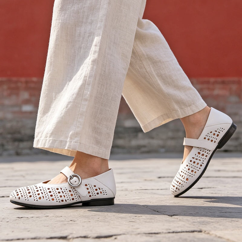 Women's Breathable Cowhide Cut-Out Mary Jane Flats Casual Summer Shoes in White/Black