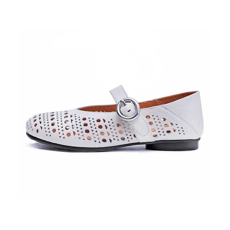 Women's Breathable Cowhide Cut-Out Mary Jane Flats Casual Summer Shoes in White/Black