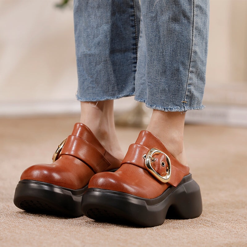 Women’s Chunky Buckle Clog Slippers 60mm Block Heel Leather Platforms in Black/Brown