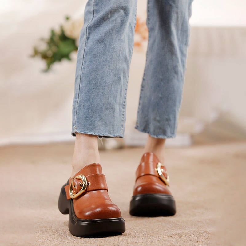 Women’s Chunky Buckle Clog Slippers 60mm Block Heel Leather Platforms in Black/Brown
