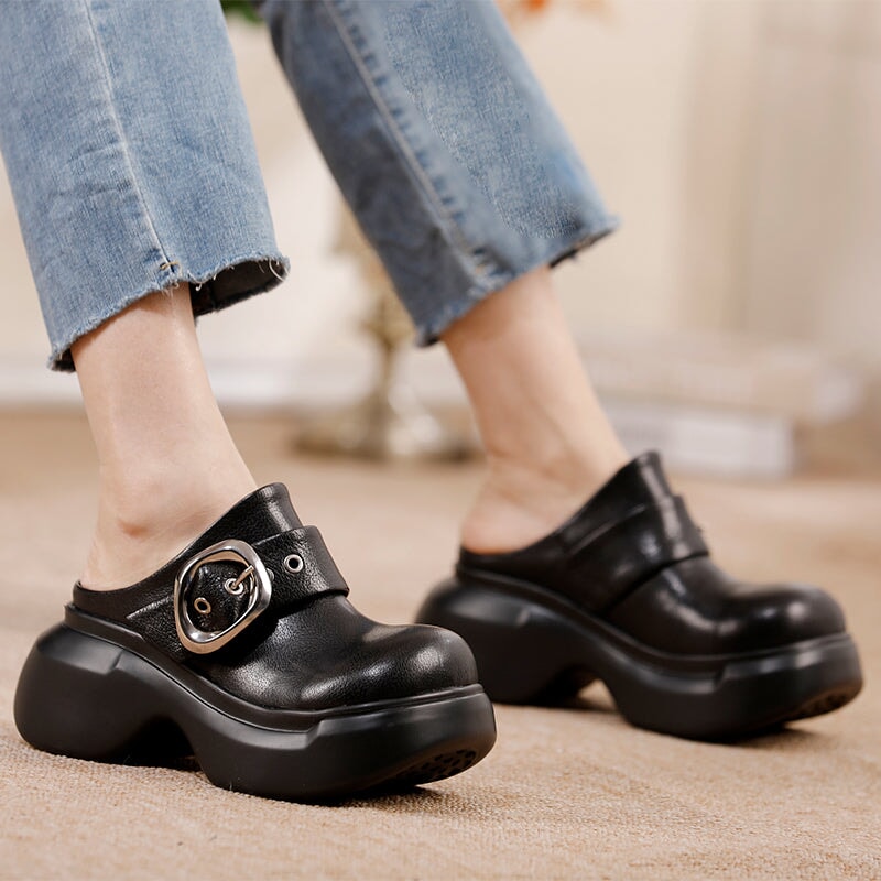 Women’s Chunky Buckle Clog Slippers 60mm Block Heel Leather Platforms in Black/Brown