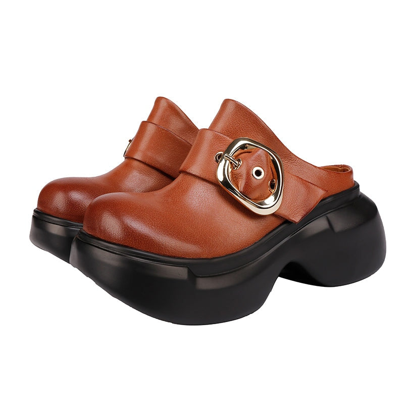 Women’s Chunky Buckle Clog Slippers 60mm Block Heel Leather Platforms in Black/Brown