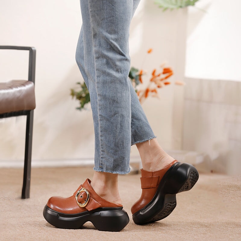 Women’s Chunky Buckle Clog Slippers 60mm Block Heel Leather Platforms in Black/Brown