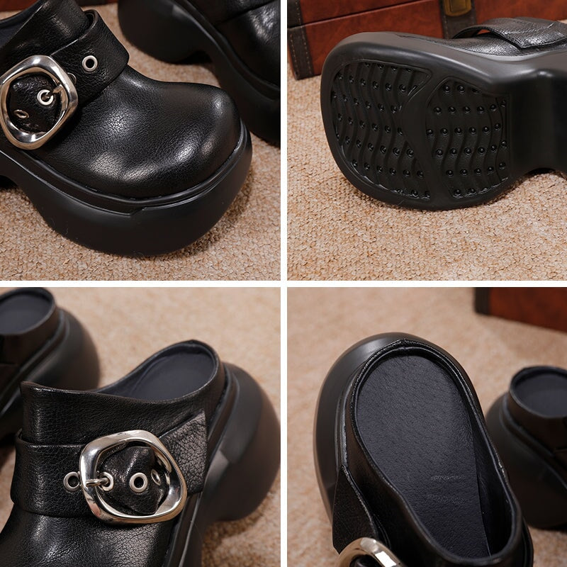 Women’s Chunky Buckle Clog Slippers 60mm Block Heel Leather Platforms in Black/Brown