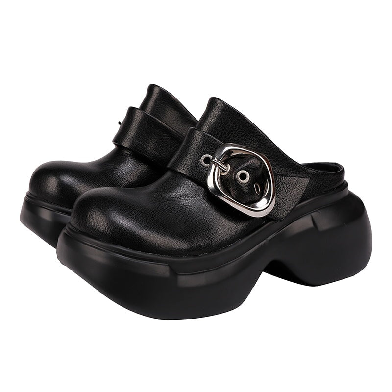 Women’s Chunky Buckle Clog Slippers 60mm Block Heel Leather Platforms in Black/Brown