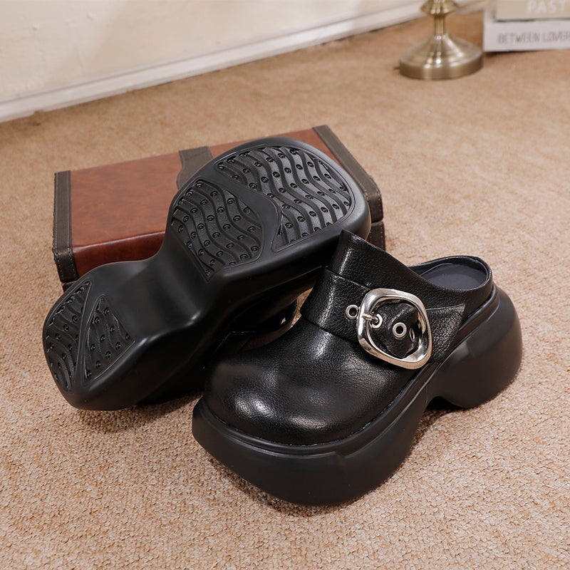 Women’s Chunky Buckle Clog Slippers 60mm Block Heel Leather Platforms in Black/Brown