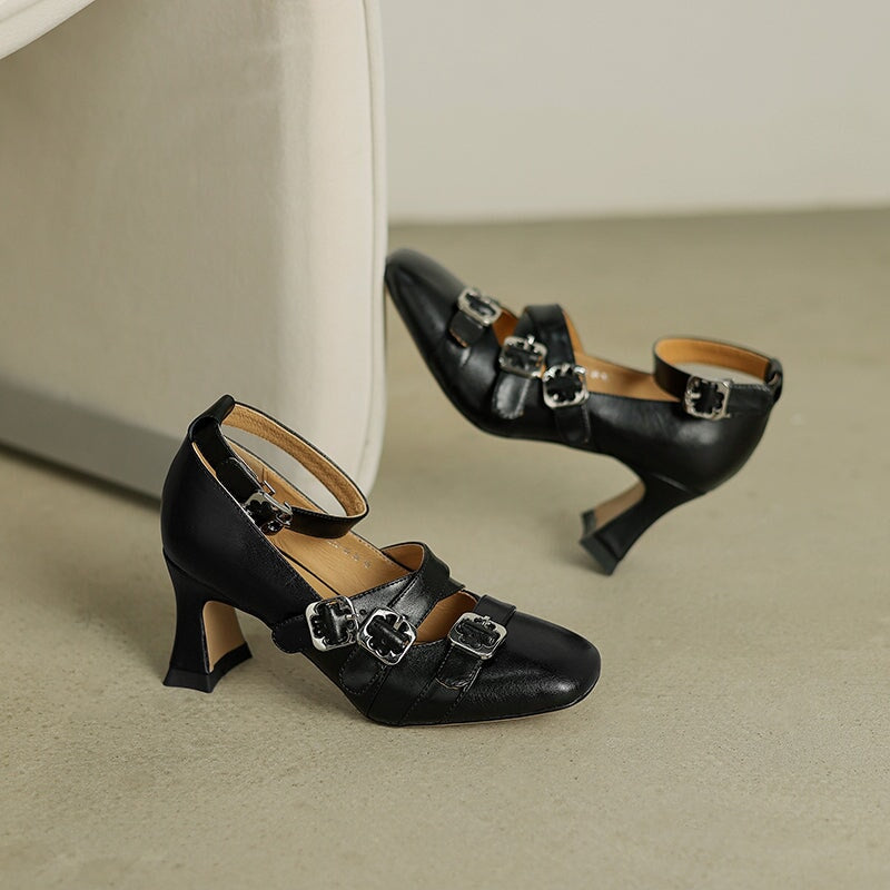 Women’s Elegant Mary Jane Pumps Triple Buckle Cow Leather 75mm Block Heel Shoes in Black/Brown/Beige