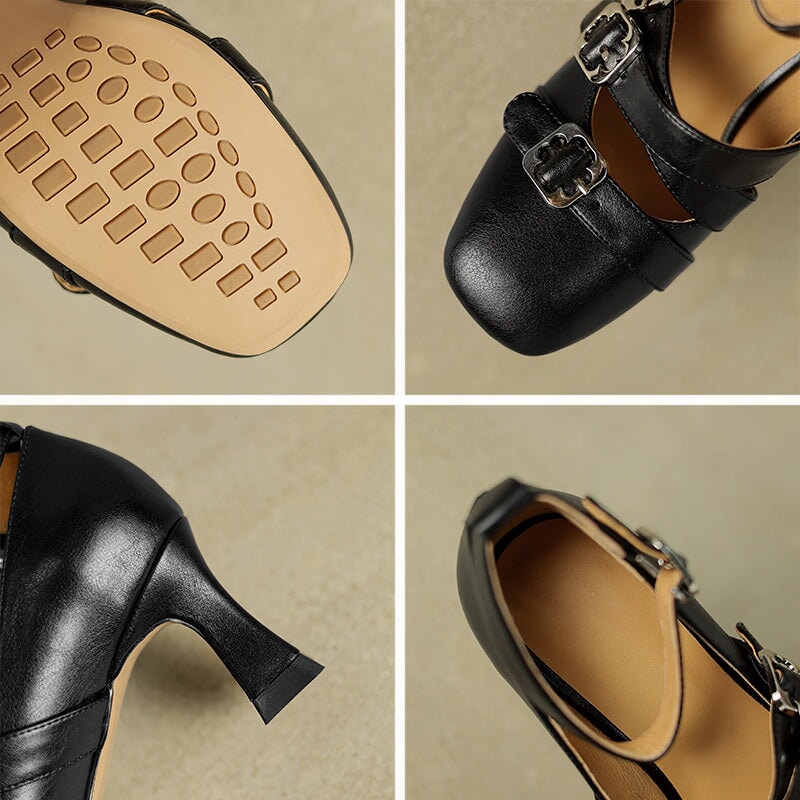 Women’s Elegant Mary Jane Pumps Triple Buckle Cow Leather 75mm Block Heel Shoes in Black/Brown/Beige