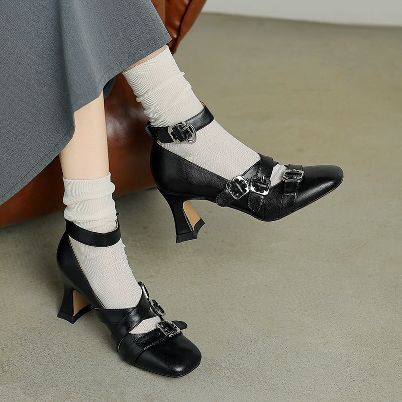Women’s Elegant Mary Jane Pumps Triple Buckle Cow Leather 75mm Block Heel Shoes in Black/Brown/Beige