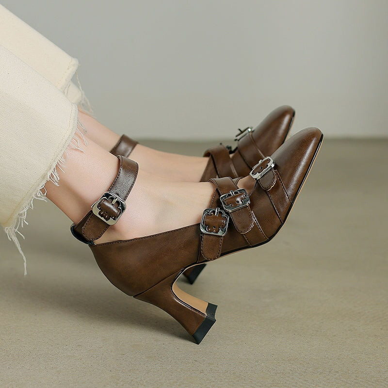 Women’s Elegant Mary Jane Pumps Triple Buckle Cow Leather 75mm Block Heel Shoes in Black/Brown/Beige