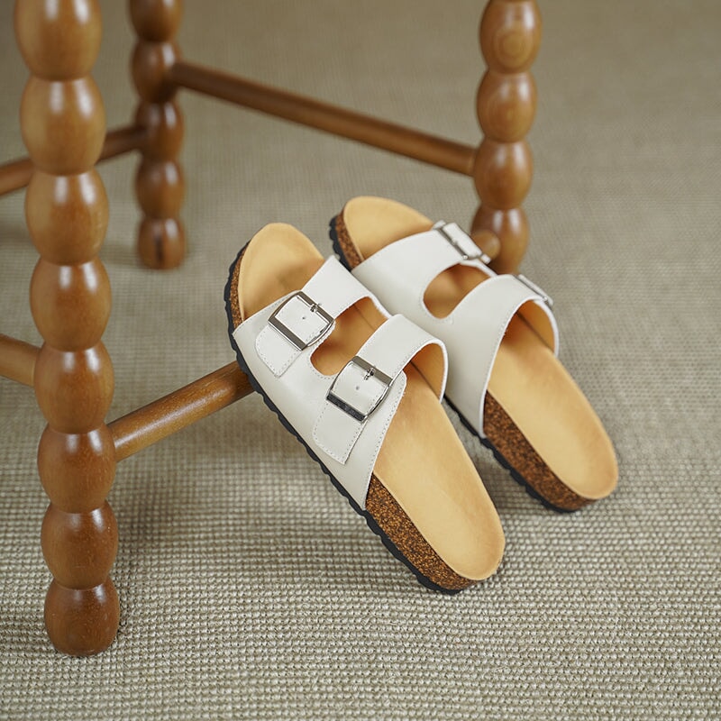 Women’s Leather Double Strap Footbed Sandals Open Toe Summer Slippers in Red/Black/Beige
