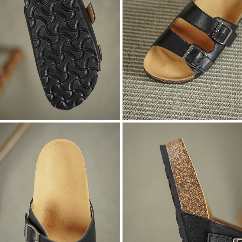 Women’s Leather Double Strap Footbed Sandals Open Toe Summer Slippers in Red/Black/Beige