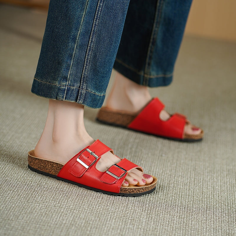 Women’s Leather Double Strap Footbed Sandals Open Toe Summer Slippers in Red/Black/Beige