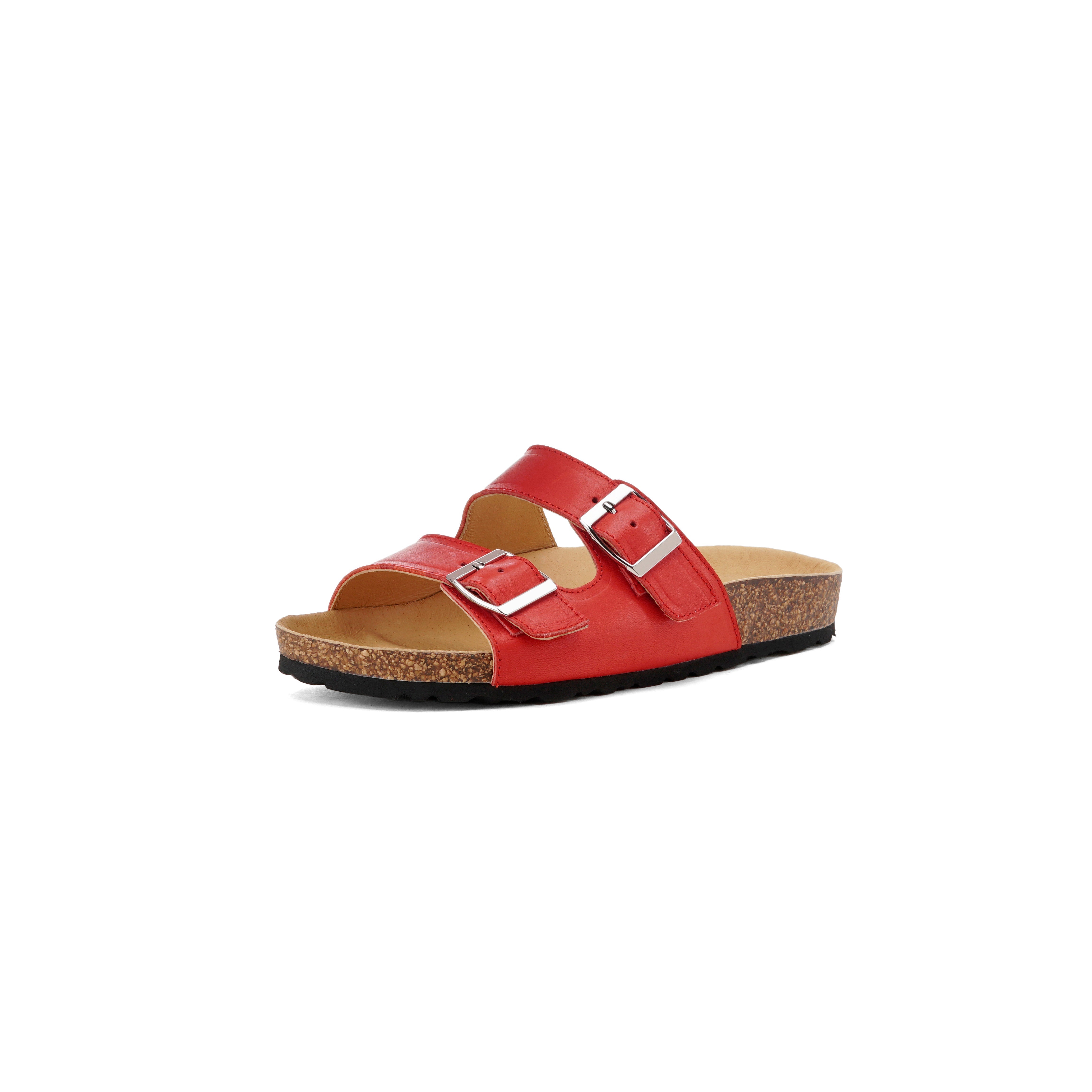Women’s Leather Double Strap Footbed Sandals Open Toe Summer Slippers in Red/Black/Beige