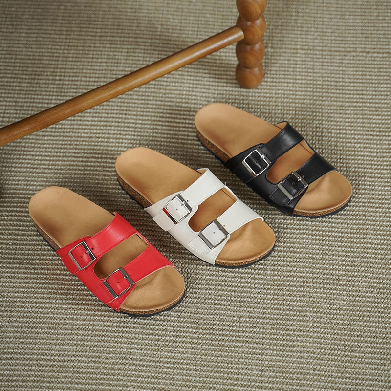 Women’s Leather Double Strap Footbed Sandals Open Toe Summer Slippers in Red/Black/Beige