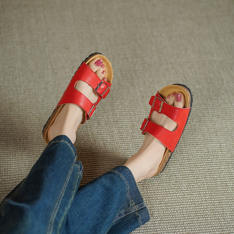 Women’s Leather Double Strap Footbed Sandals Open Toe Summer Slippers in Red/Black/Beige