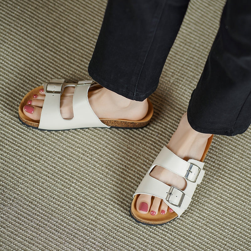 Women’s Leather Double Strap Footbed Sandals Open Toe Summer Slippers in Red/Black/Beige