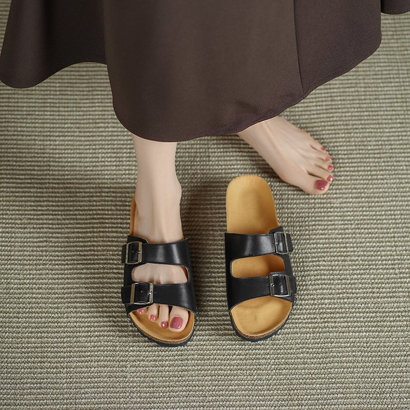 Women’s Leather Double Strap Footbed Sandals Open Toe Summer Slippers in Red/Black/Beige