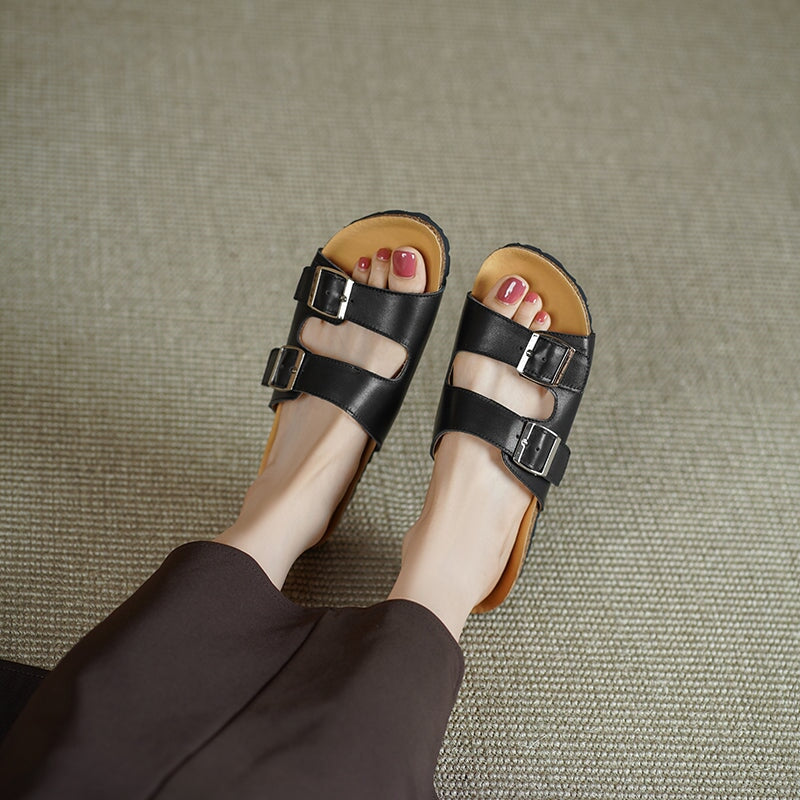 Women’s Leather Double Strap Footbed Sandals Open Toe Summer Slippers in Red/Black/Beige