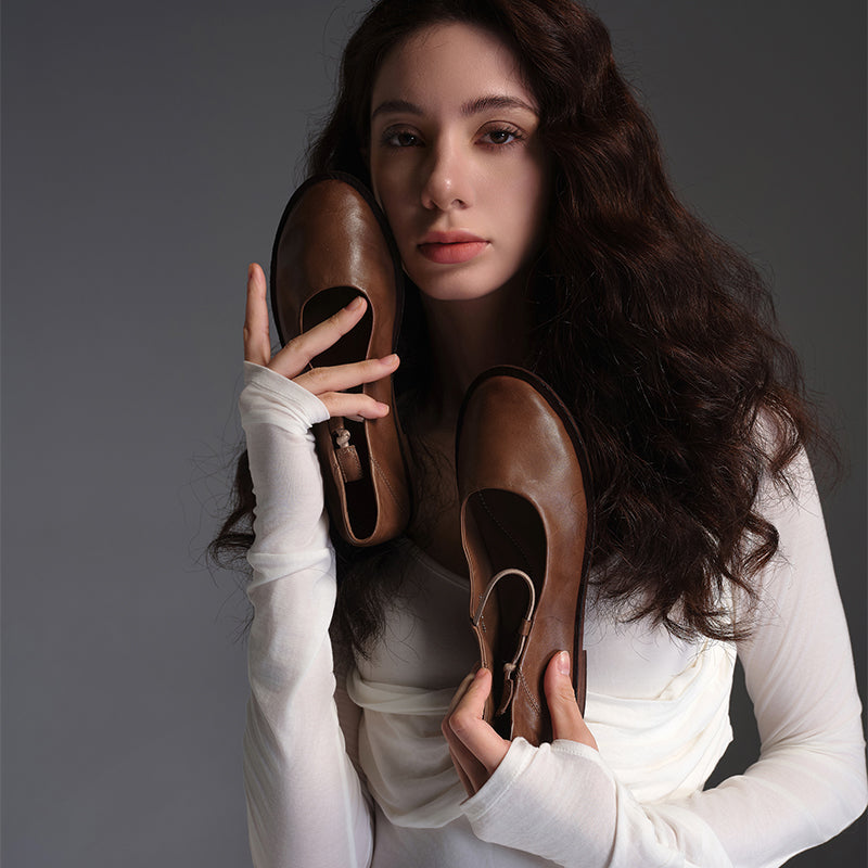 Women's Minimalist Handmade Horse Leather Mary Jane Flats in Black/Brown
