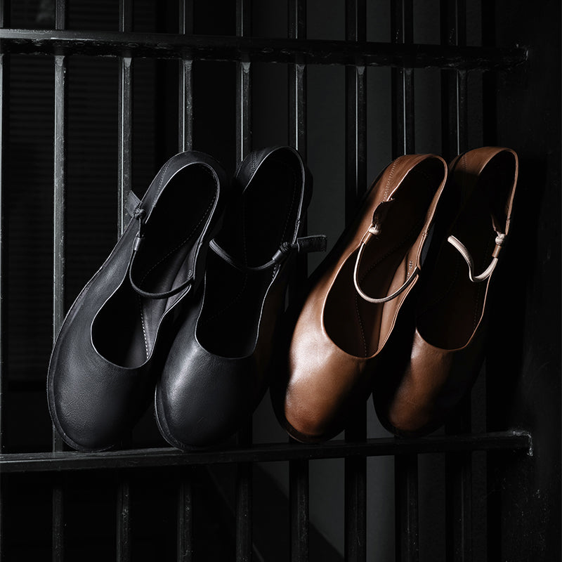 Women's Minimalist Handmade Horse Leather Mary Jane Flats in Black/Brown