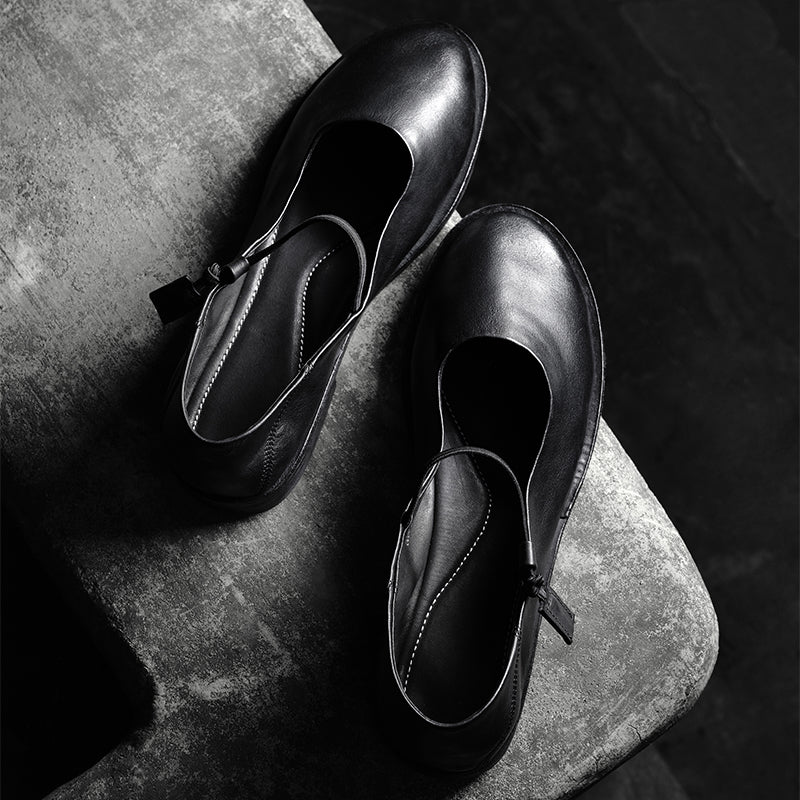 Women's Minimalist Handmade Horse Leather Mary Jane Flats in Black/Brown
