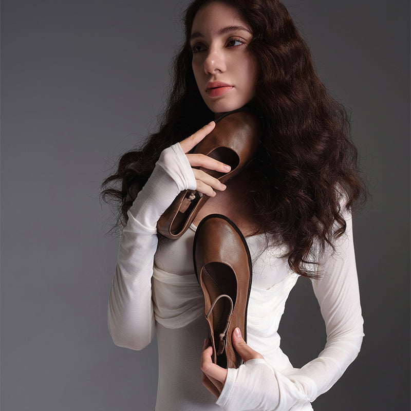 Women's Minimalist Handmade Horse Leather Mary Jane Flats in Black/Brown