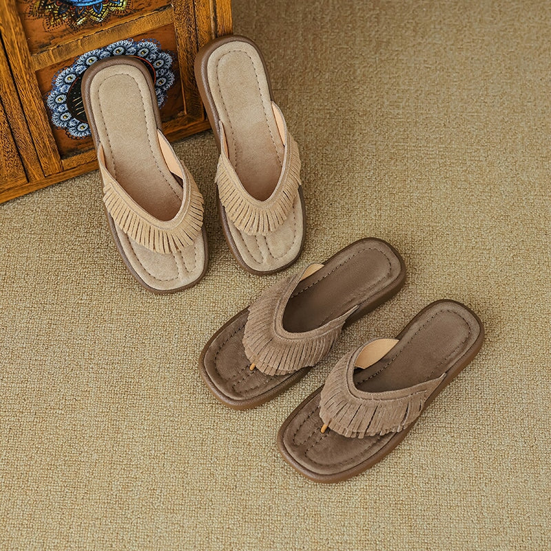 Women's Nubuck Leather Fringe Flip Flops Toe-Post Mules Summer Slides in Apricot/Khaki