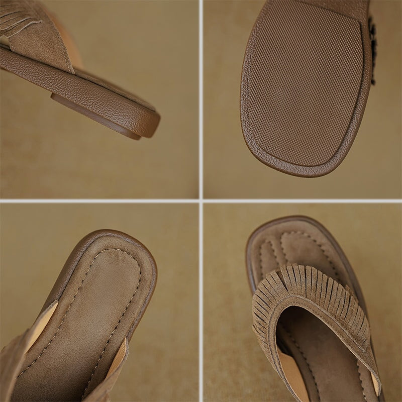 Women's Nubuck Leather Fringe Flip Flops Toe-Post Mules Summer Slides in Apricot/Khaki