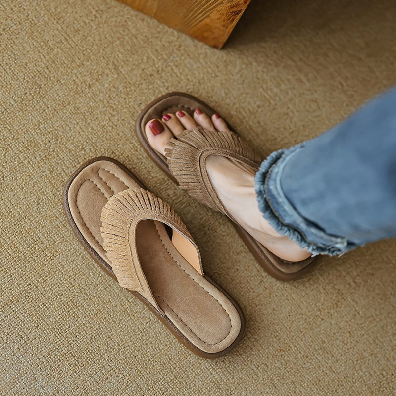 Women's Nubuck Leather Fringe Flip Flops Toe-Post Mules Summer Slides in Apricot/Khaki